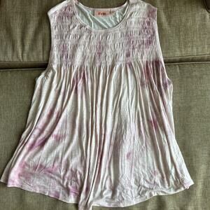 EVRI Sleeveless Top Womens 2X Pink Tie Dye Tank Blouse Smocked Smock‎ Scoop Neck